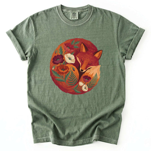Sleeping Fox Folk Art Vintage Washed T-Shirt