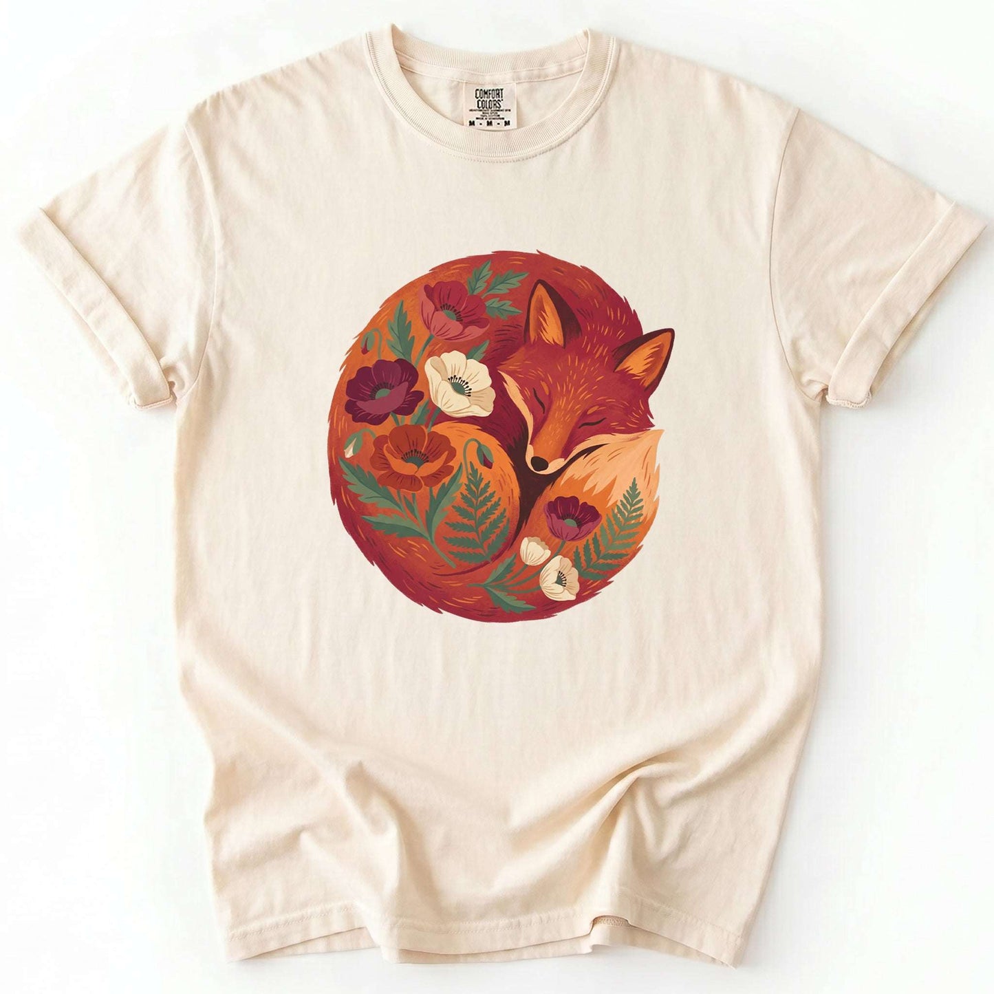 Sleeping Fox Folk Art Vintage Washed T-Shirt