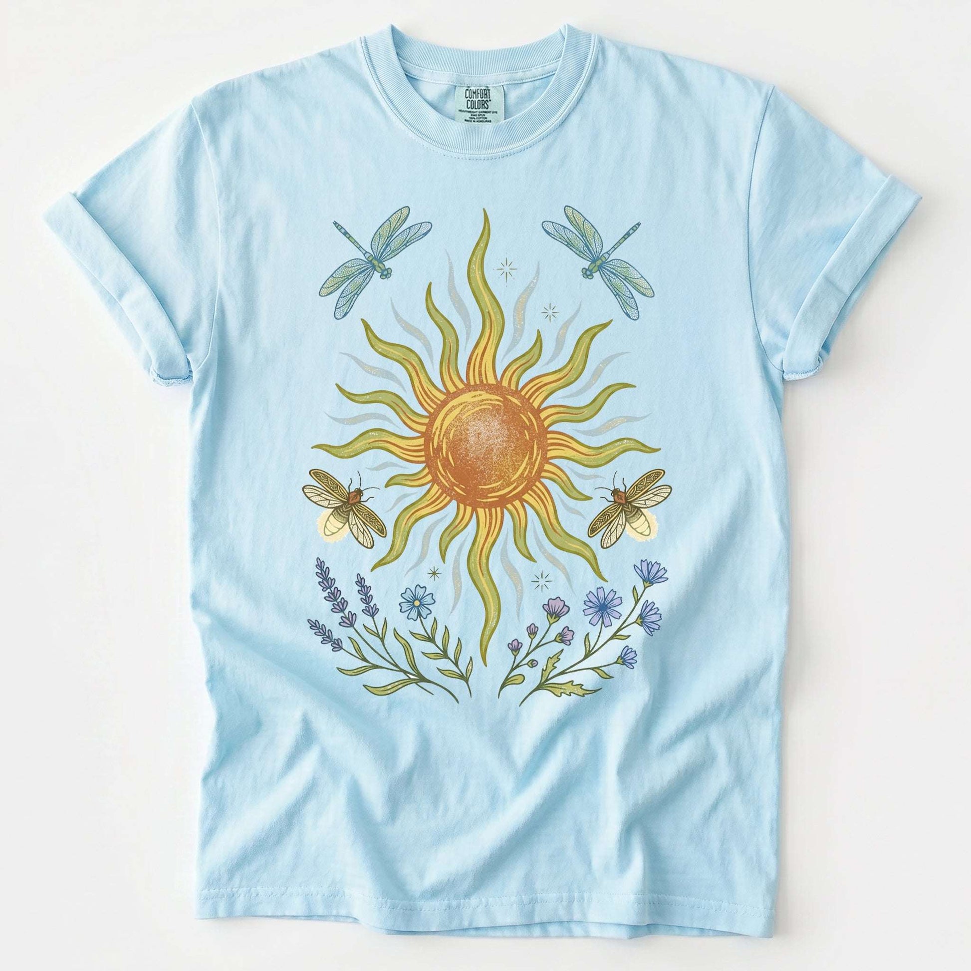 Celestial Sun and Botanical Dragonfly Vintage Washed T-Shirt