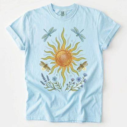 Celestial Sun and Botanical Dragonfly Vintage Washed T-Shirt