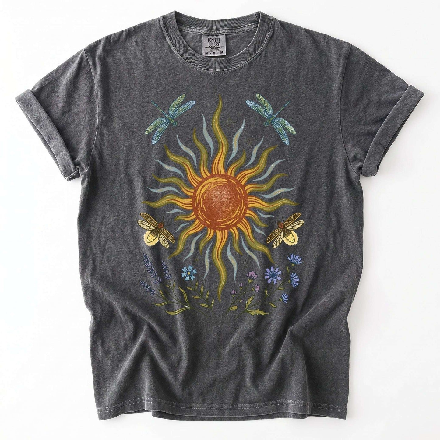 Celestial Sun and Botanical Dragonfly Vintage Washed T-Shirt