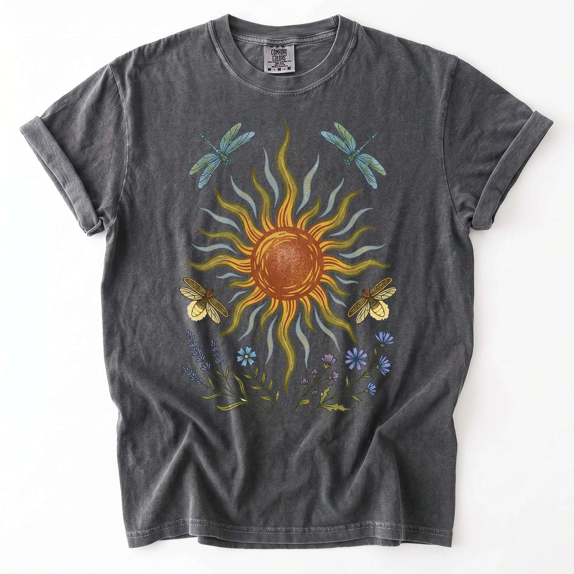 Celestial Sun and Botanical Dragonfly Vintage Washed T-Shirt