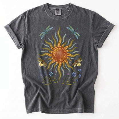 Celestial Sun and Botanical Dragonfly Vintage Washed T-Shirt