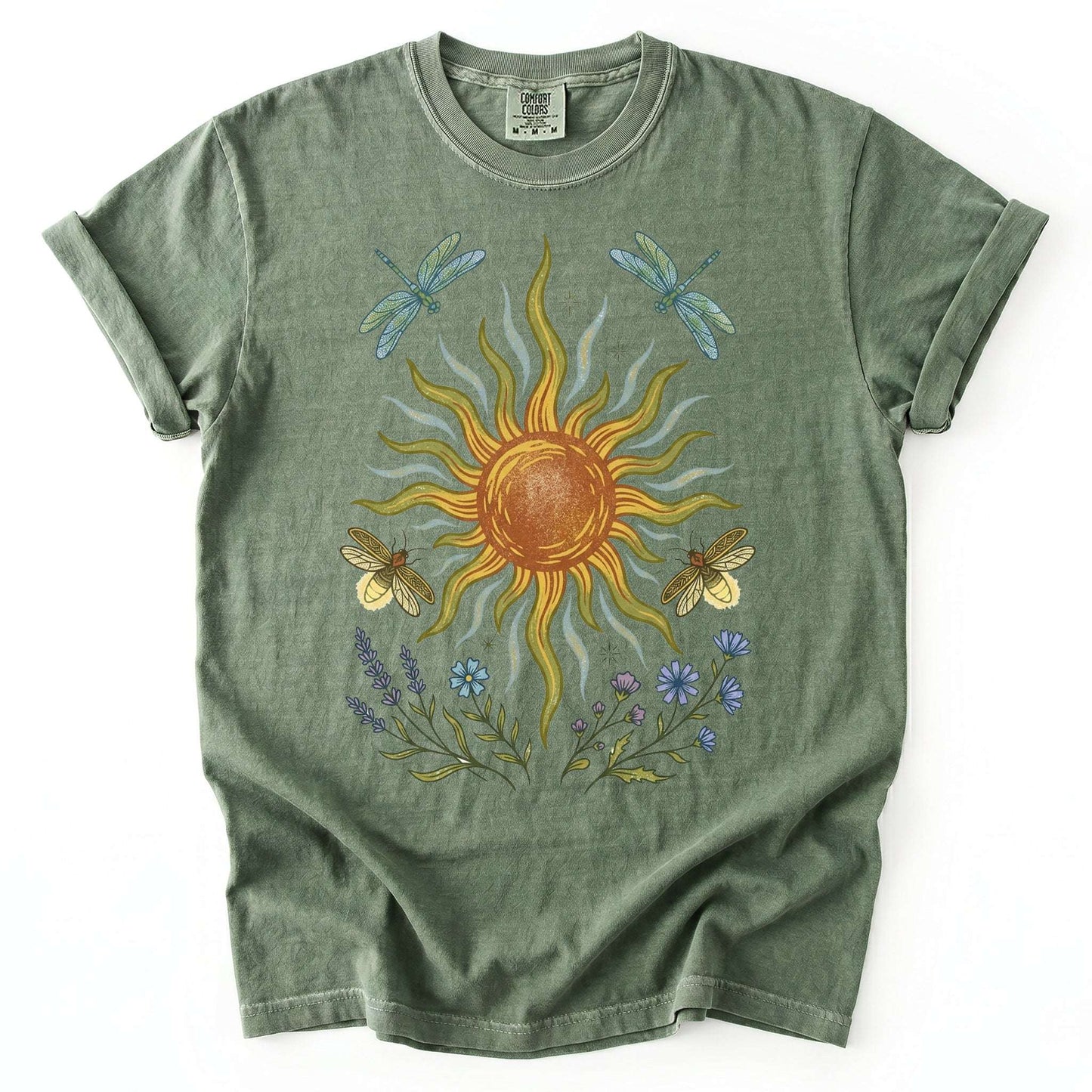 Celestial Sun and Botanical Dragonfly Vintage Washed T-Shirt