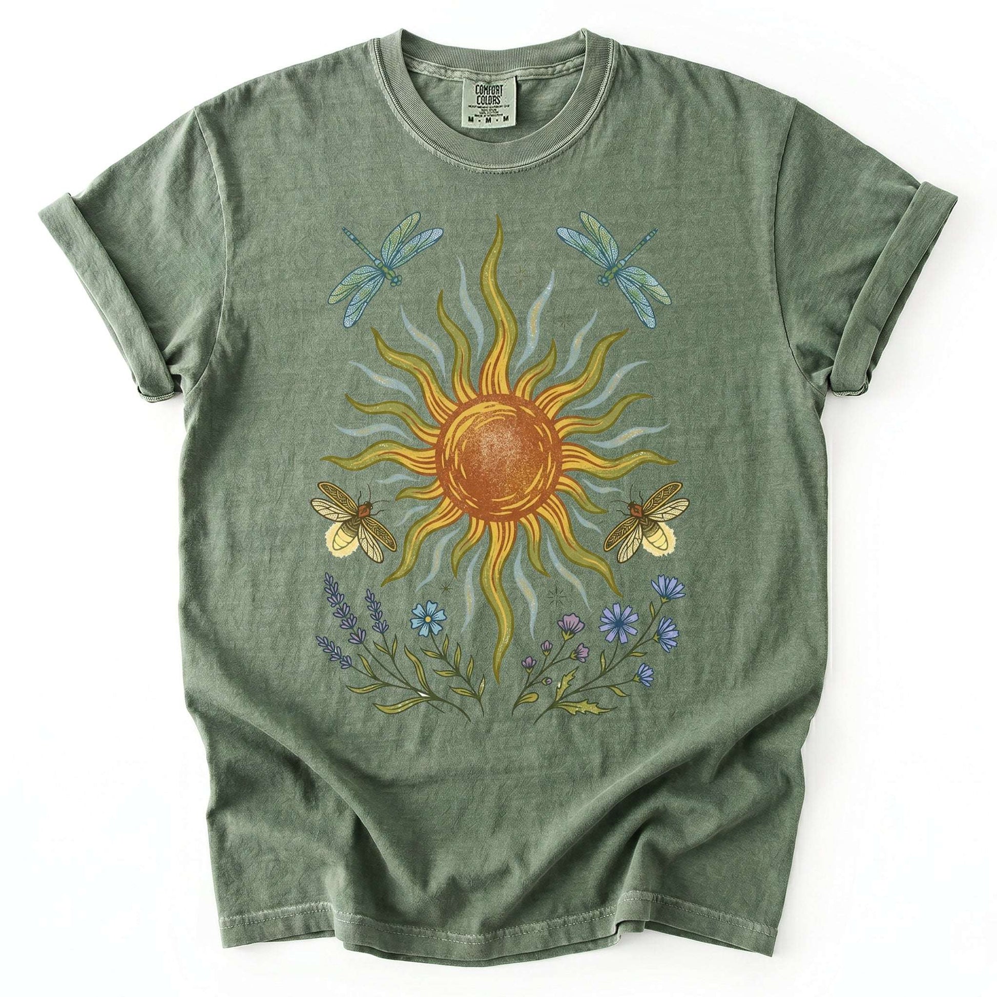Celestial Sun and Botanical Dragonfly Vintage Washed T-Shirt