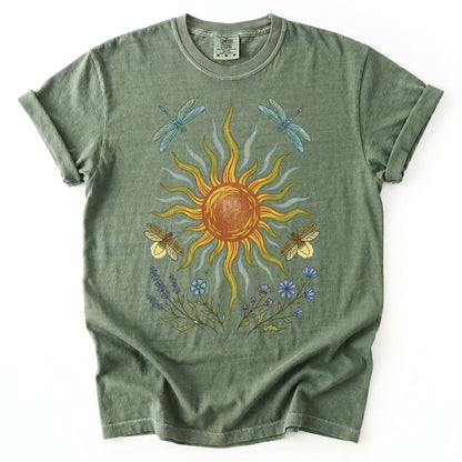Celestial Sun and Botanical Dragonfly Vintage Washed T-Shirt