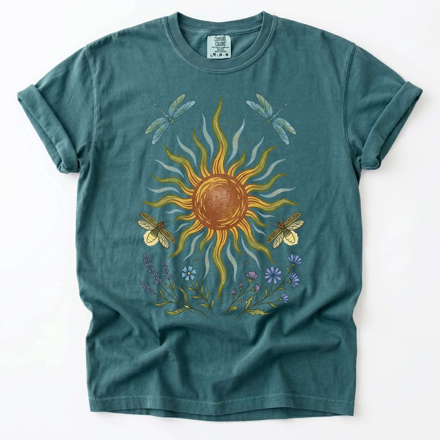Celestial Sun and Botanical Dragonfly Vintage Washed T-Shirt