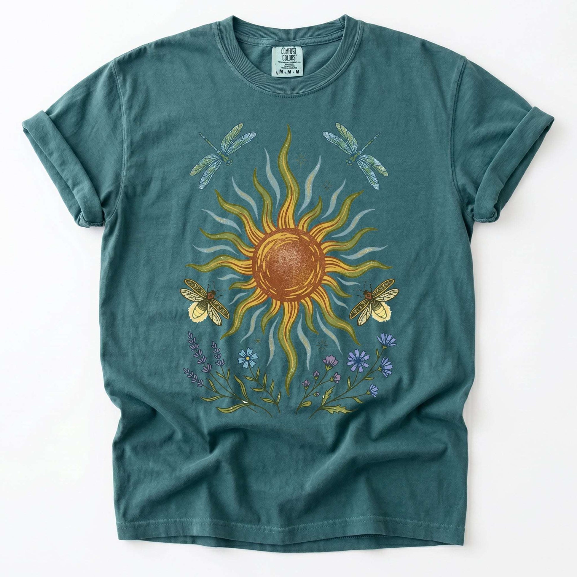 Celestial Sun and Botanical Dragonfly Vintage Washed T-Shirt