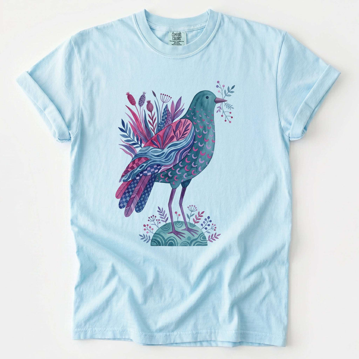 Whimsical Botanical Bird Vintage Washed T-Shirt