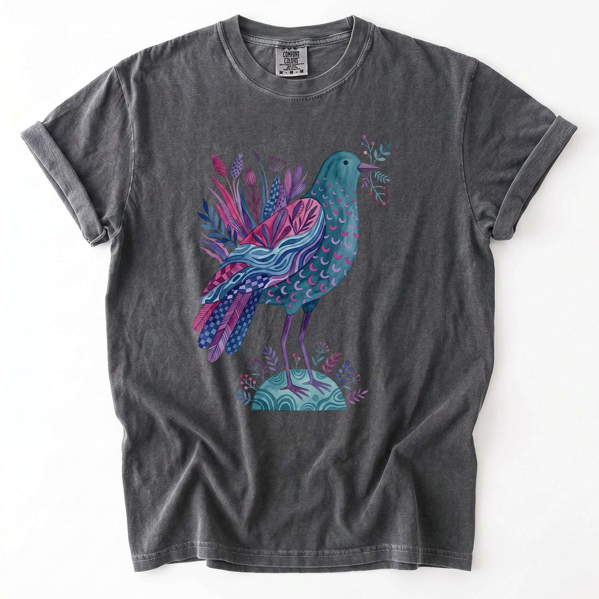Whimsical Botanical Bird Vintage Washed T-Shirt