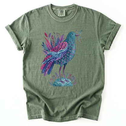 Whimsical Botanical Bird Vintage Washed T-Shirt