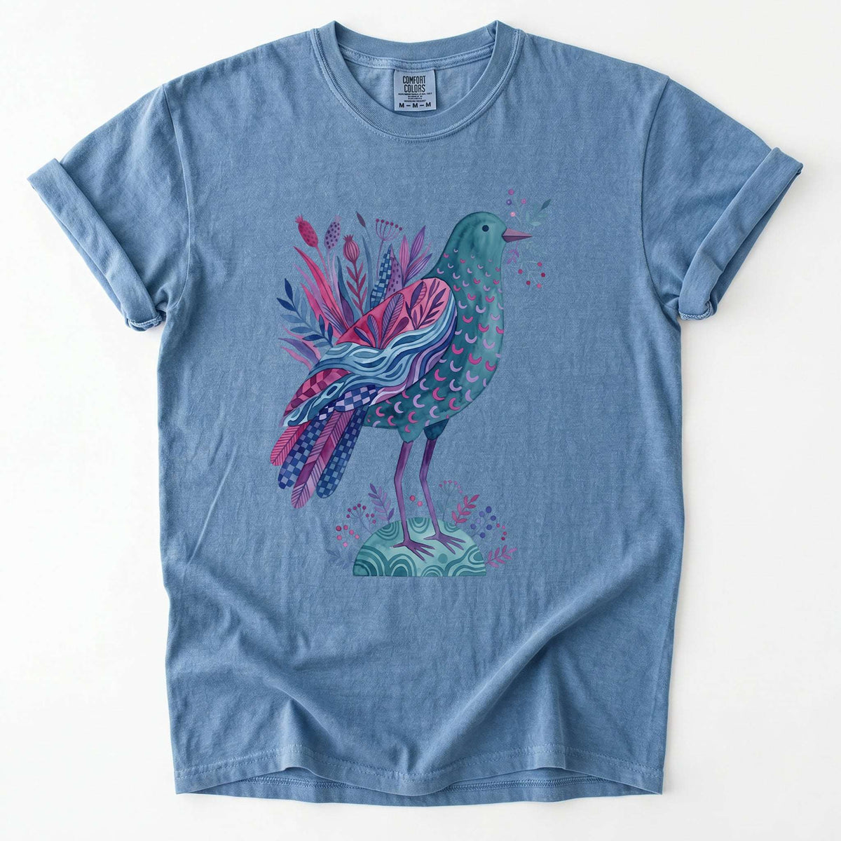 Whimsical Botanical Bird Vintage Washed T-Shirt