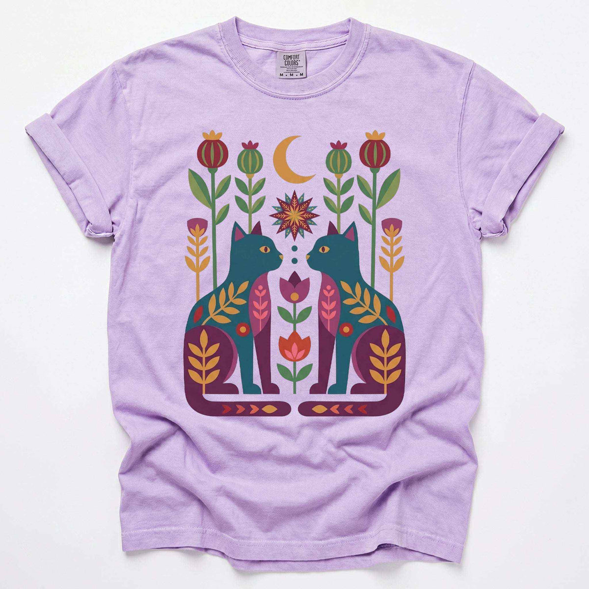 Folk Art Twin Cats Vintage Washed T-Shirt