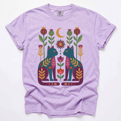 Folk Art Twin Cats Vintage Washed T-Shirt