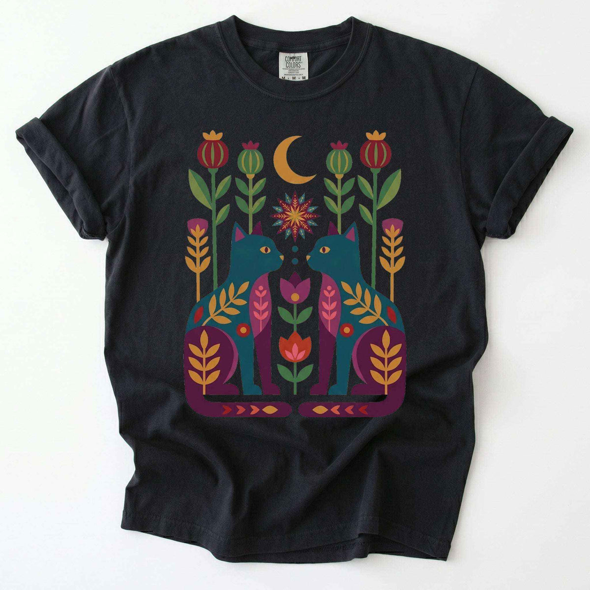 Folk Art Twin Cats Vintage Washed T-Shirt