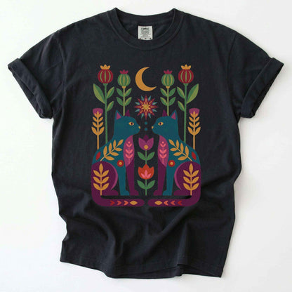 Folk Art Twin Cats Vintage Washed T-Shirt