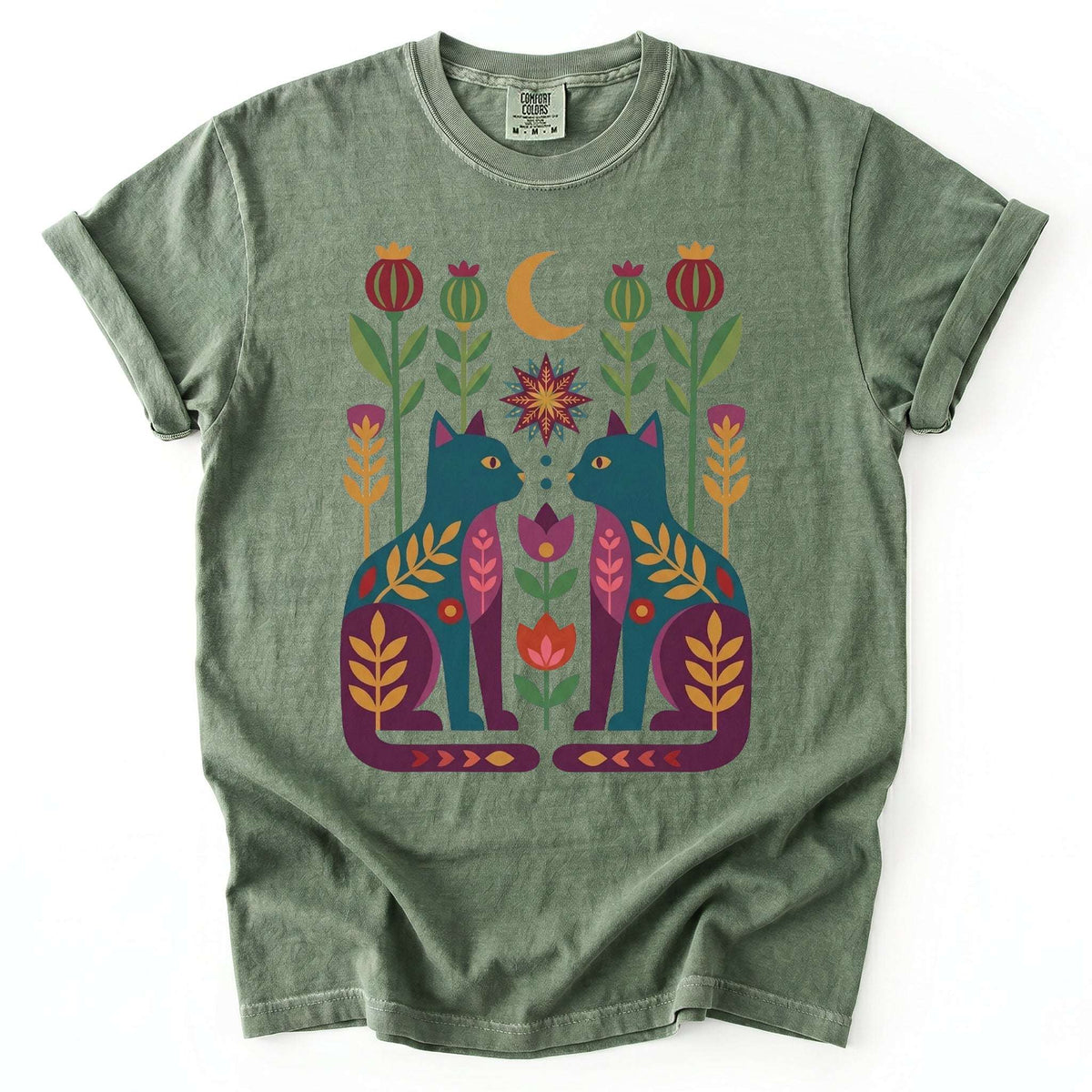 Folk Art Twin Cats Vintage Washed T-Shirt