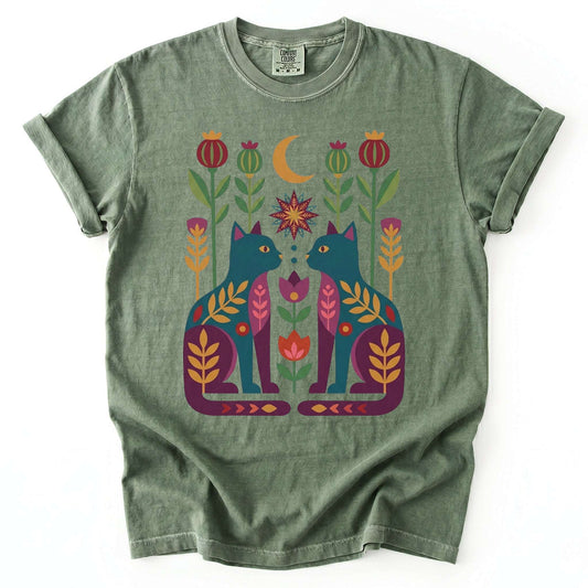 Folk Art Twin Cats Vintage Washed T-Shirt