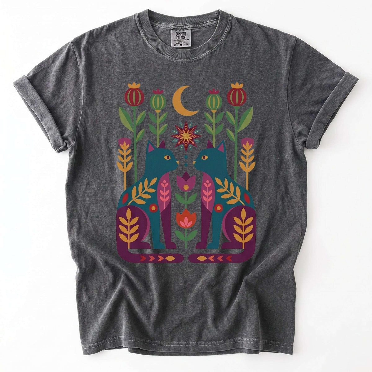 Folk Art Twin Cats Vintage Washed T-Shirt