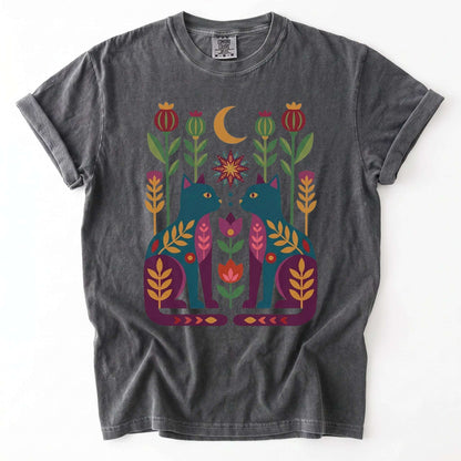 Folk Art Twin Cats Vintage Washed T-Shirt