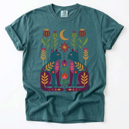 Folk Art Twin Cats Vintage Washed T-Shirt