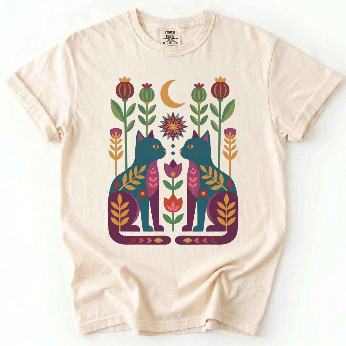 Folk Art Twin Cats Vintage Washed T-Shirt