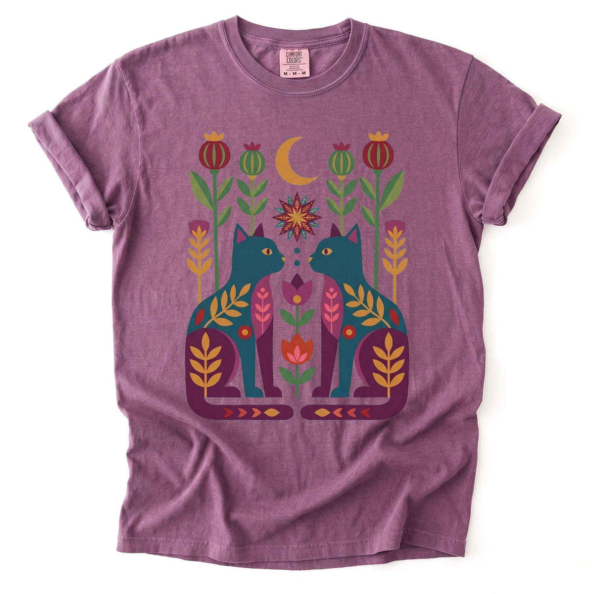 Folk Art Twin Cats Vintage Washed T-Shirt