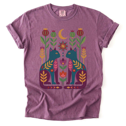 Folk Art Twin Cats Vintage Washed T-Shirt