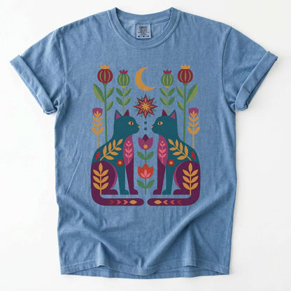 Folk Art Twin Cats Vintage Washed T-Shirt