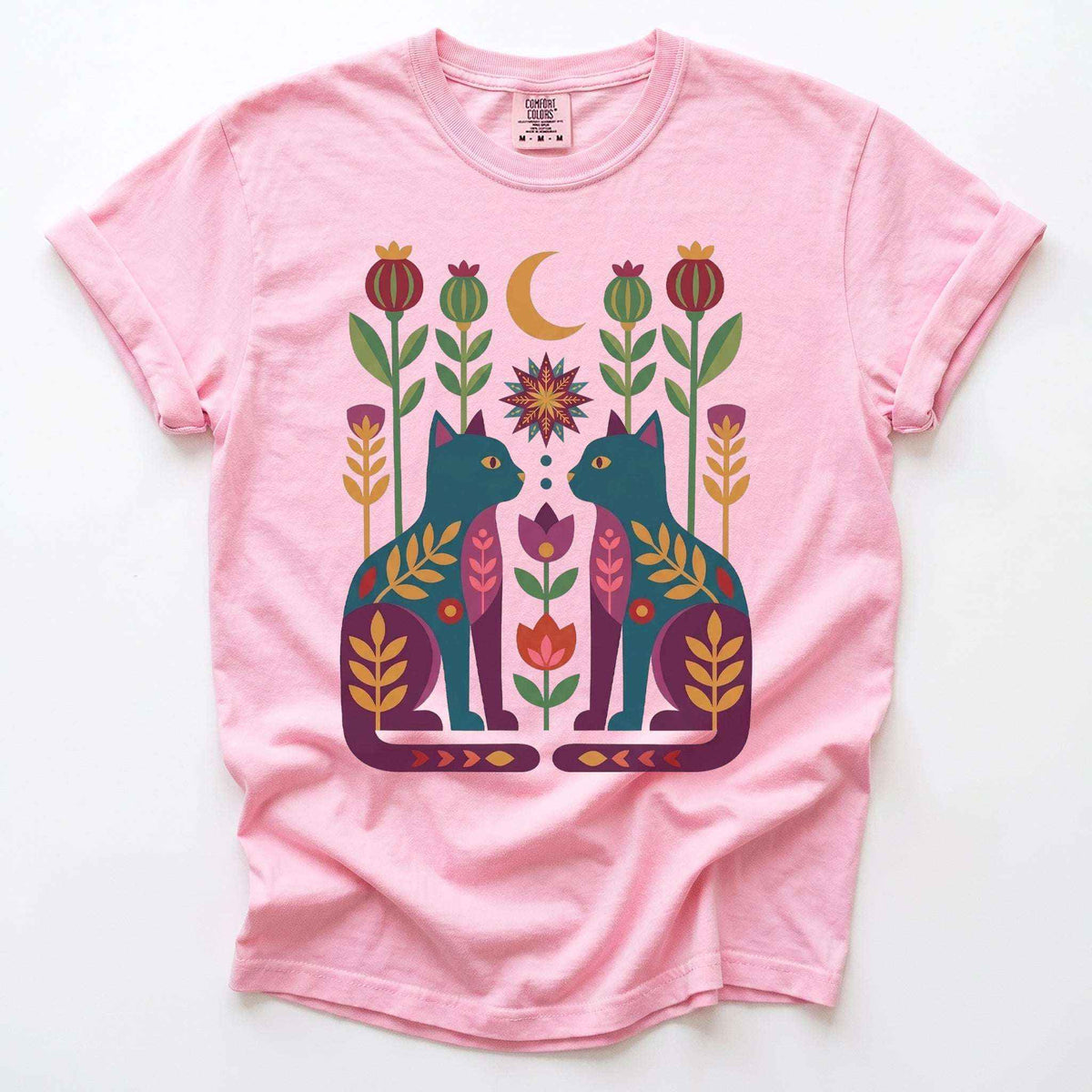 Folk Art Twin Cats Vintage Washed T-Shirt