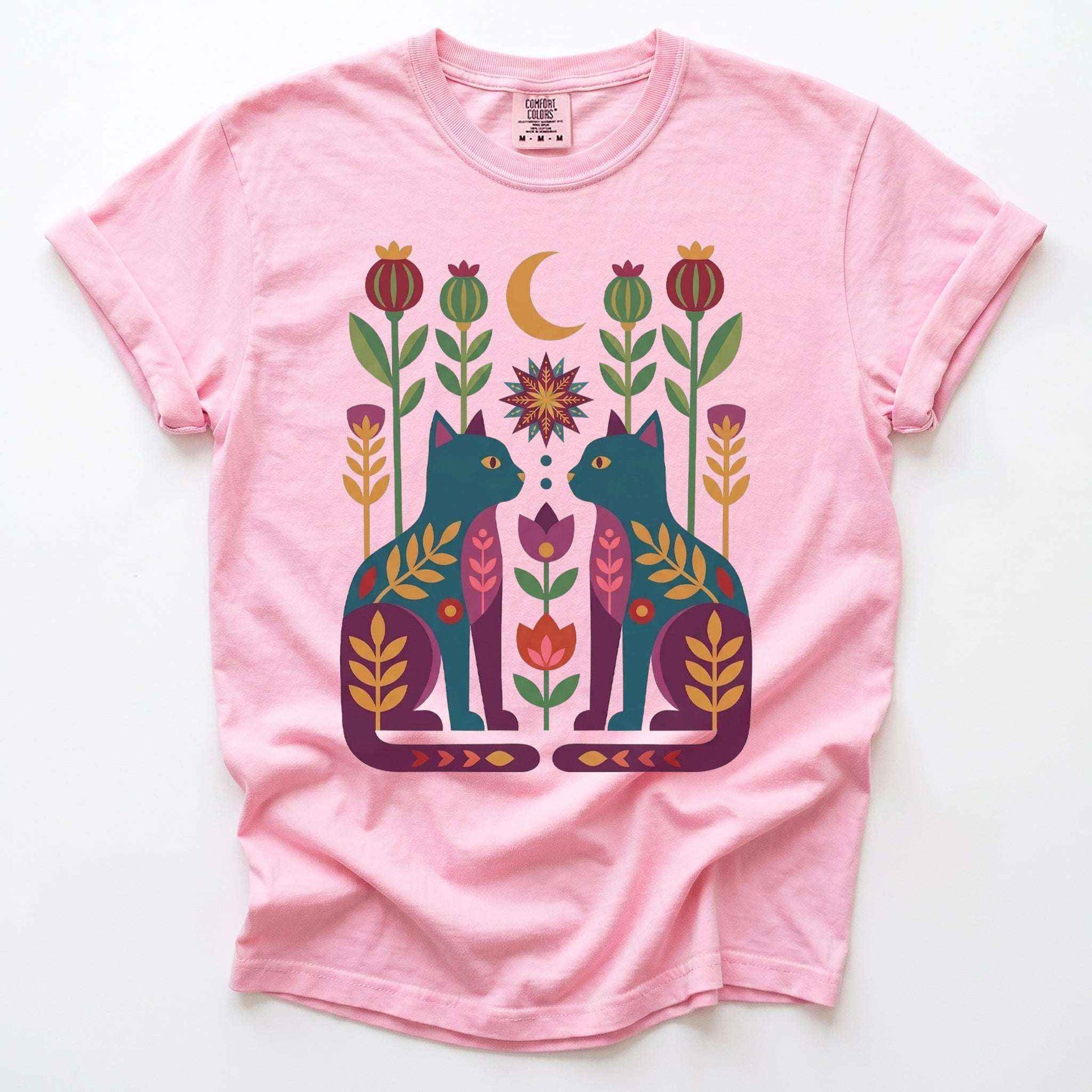 Folk Art Twin Cats Vintage Washed T-Shirt