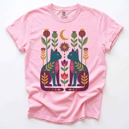 Folk Art Twin Cats Vintage Washed T-Shirt