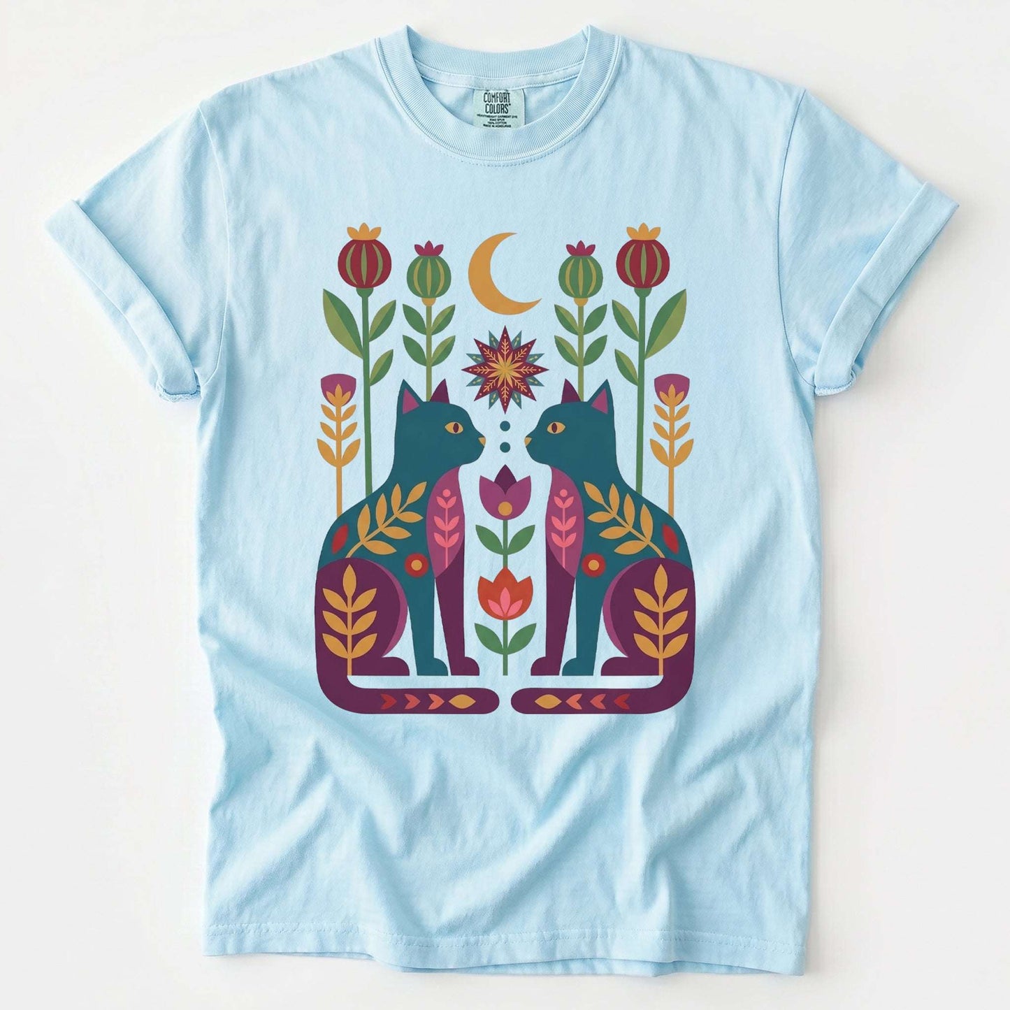 Folk Art Twin Cats Vintage Washed T-Shirt