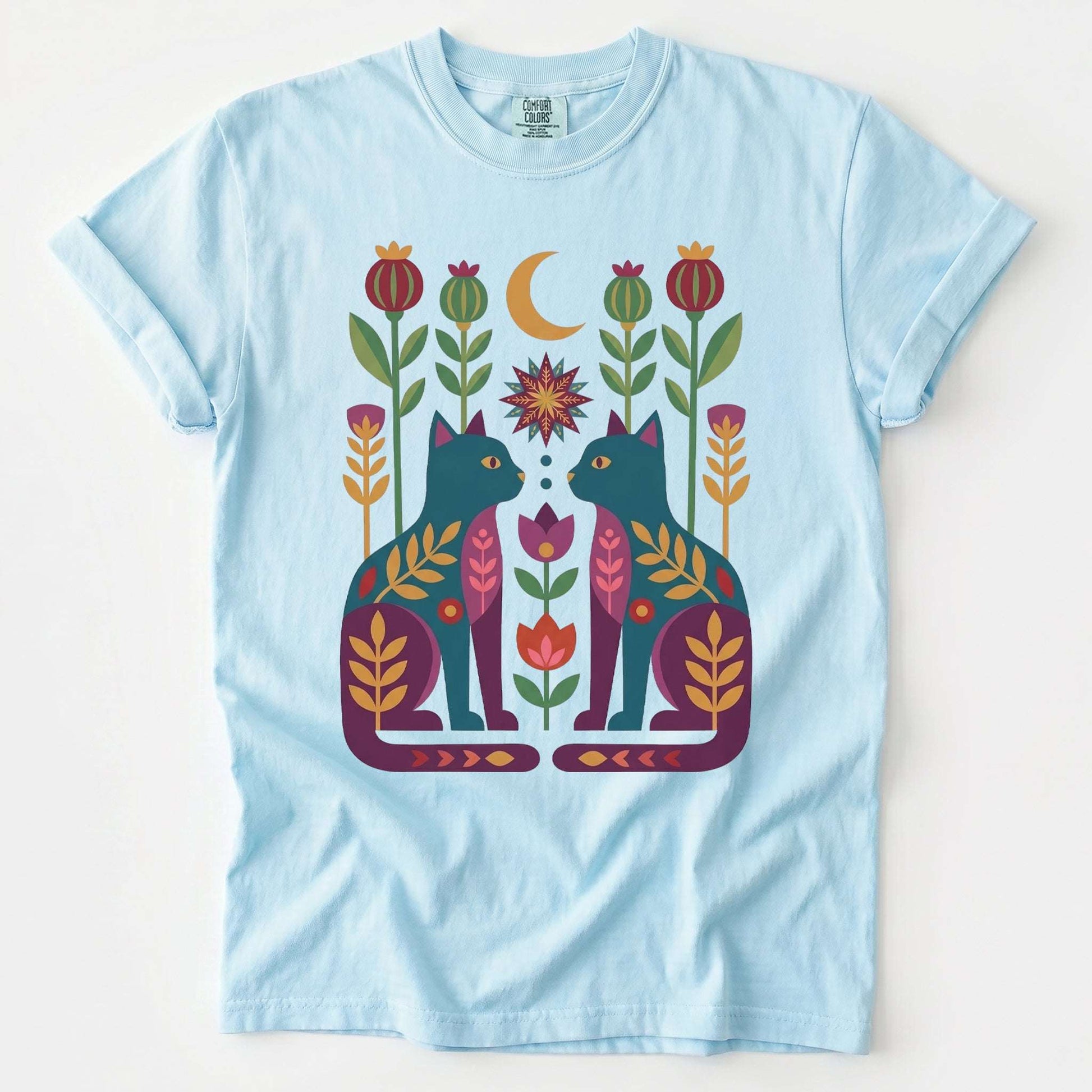Folk Art Twin Cats Vintage Washed T-Shirt