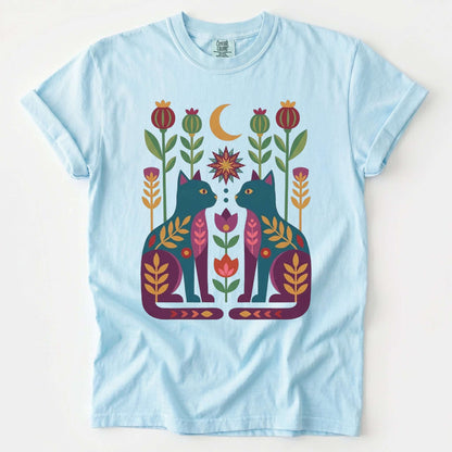 Folk Art Twin Cats Vintage Washed T-Shirt