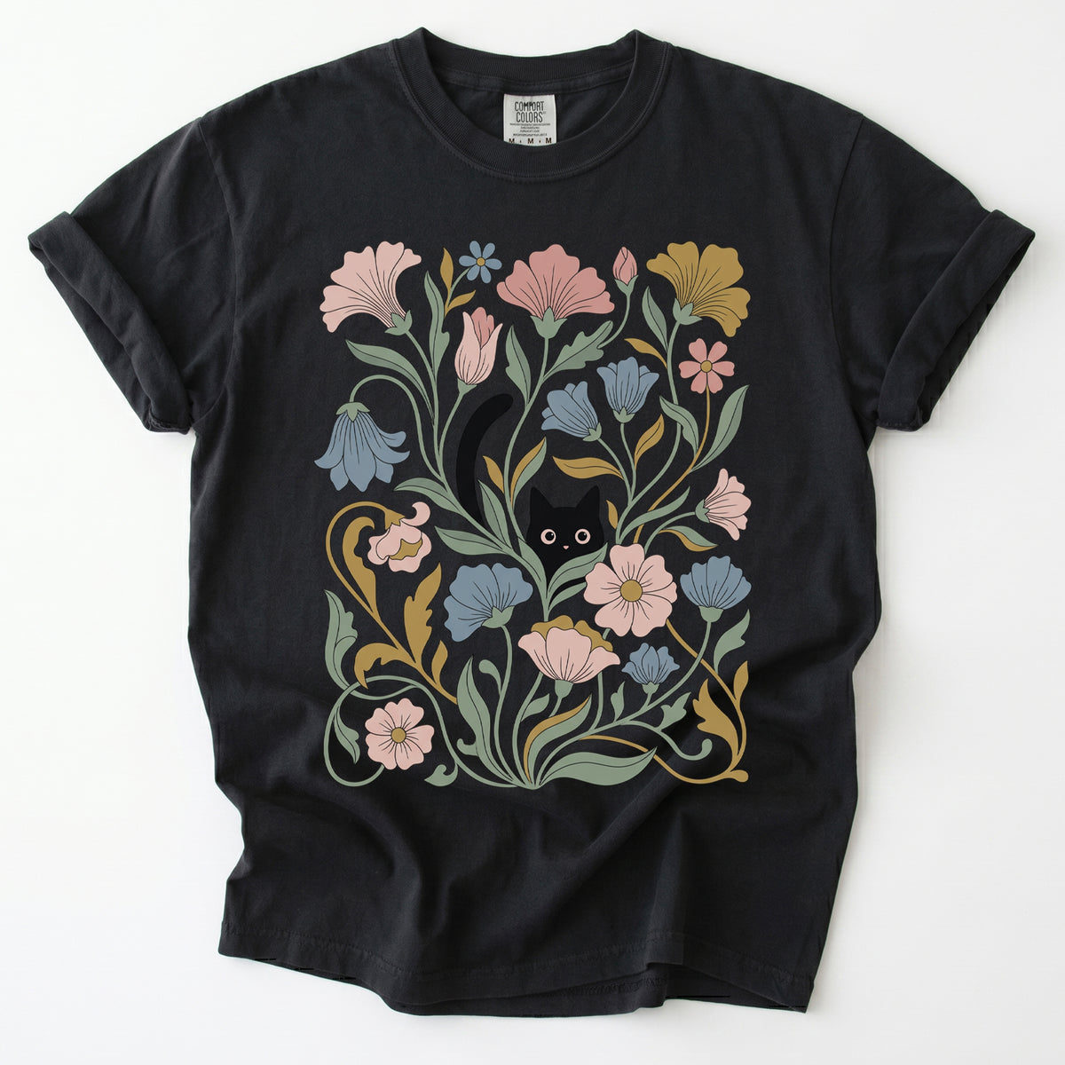 Art Nouveau Hidden Cat Garden Vintage Washed T-Shirt
