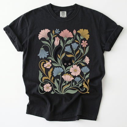 Art Nouveau Hidden Cat Garden Vintage Washed T-Shirt