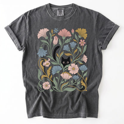 Art Nouveau Hidden Cat Garden Vintage Washed T-Shirt