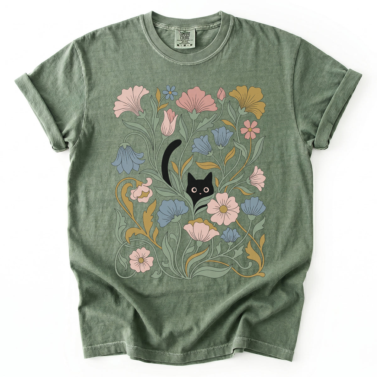 Art Nouveau Hidden Cat Garden Vintage Washed T-Shirt