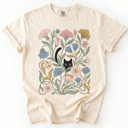 Art Nouveau Hidden Cat Garden Vintage Washed T-Shirt