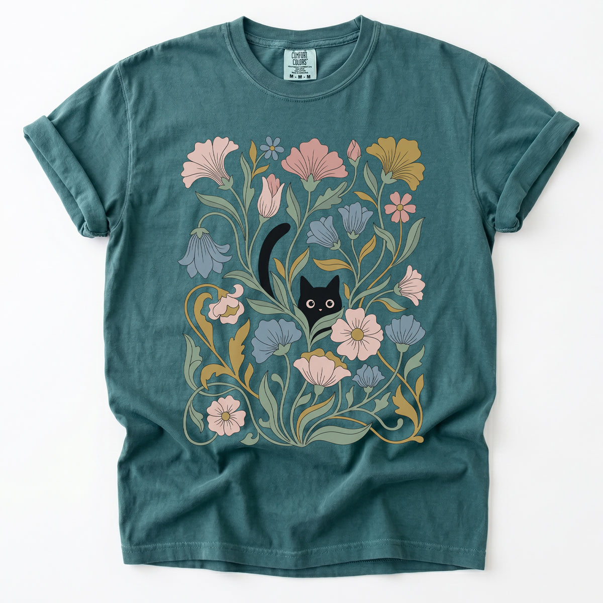 Art Nouveau Hidden Cat Garden Vintage Washed T-Shirt