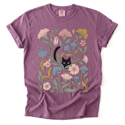 Art Nouveau Hidden Cat Garden Vintage Washed T-Shirt