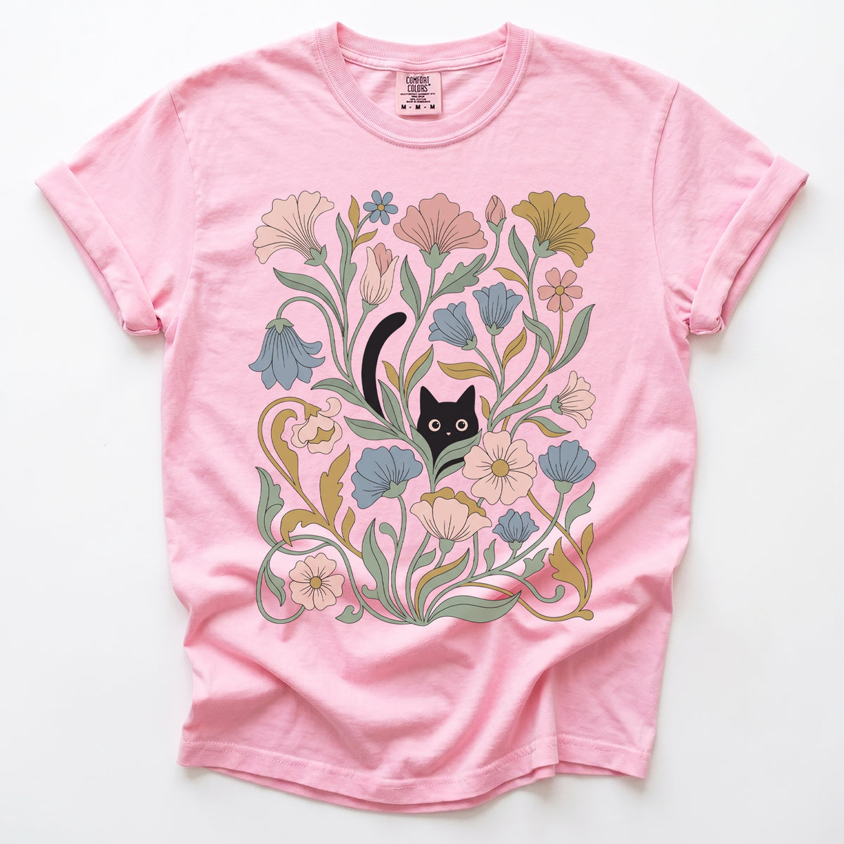 Art Nouveau Hidden Cat Garden Vintage Washed T-Shirt