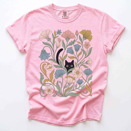 Art Nouveau Hidden Cat Garden Vintage Washed T-Shirt