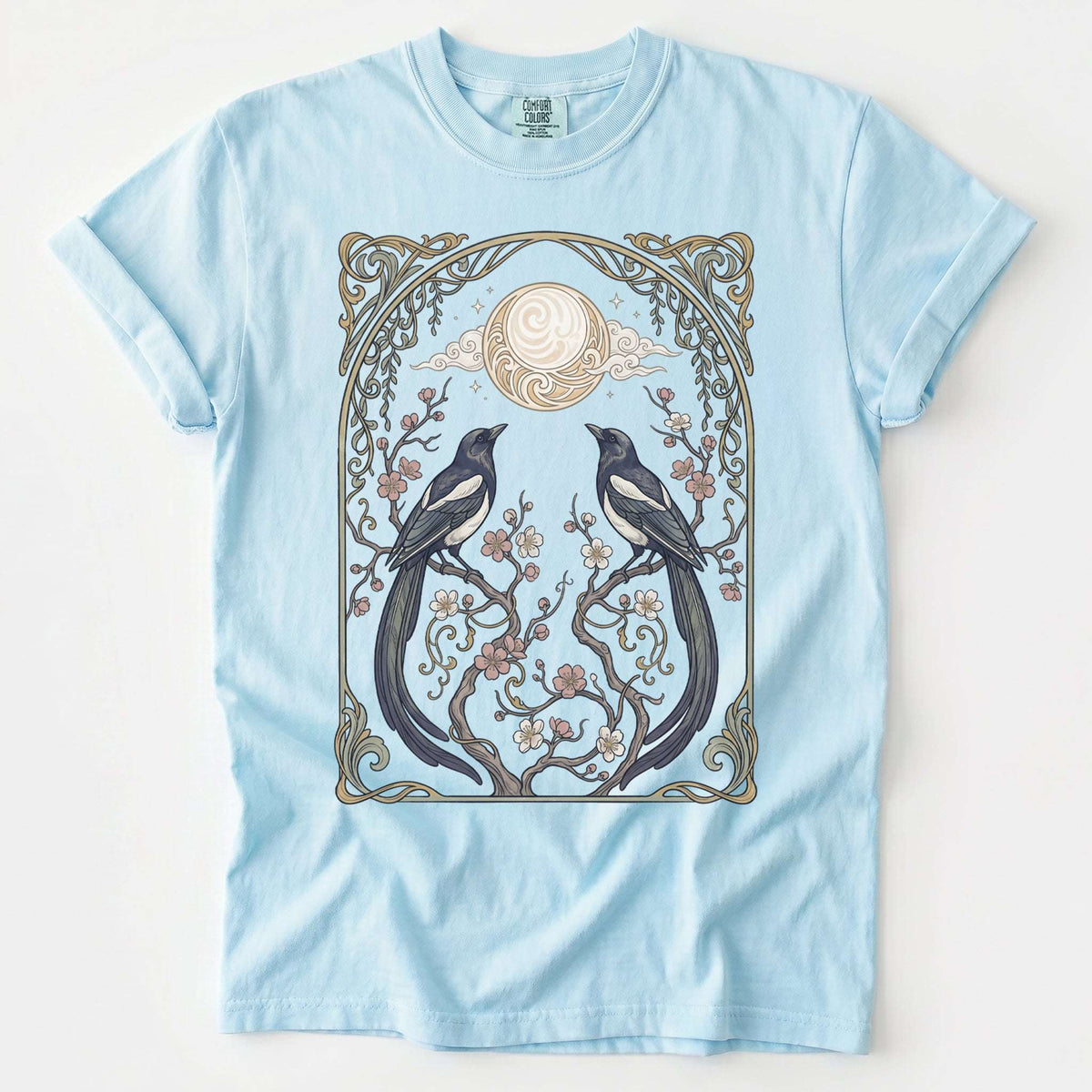 Art Nouveau Magpies And Blossom Moon Vintage Washed T-Shirt