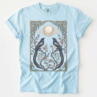 Art Nouveau Magpies And Blossom Moon Vintage Washed T-Shirt