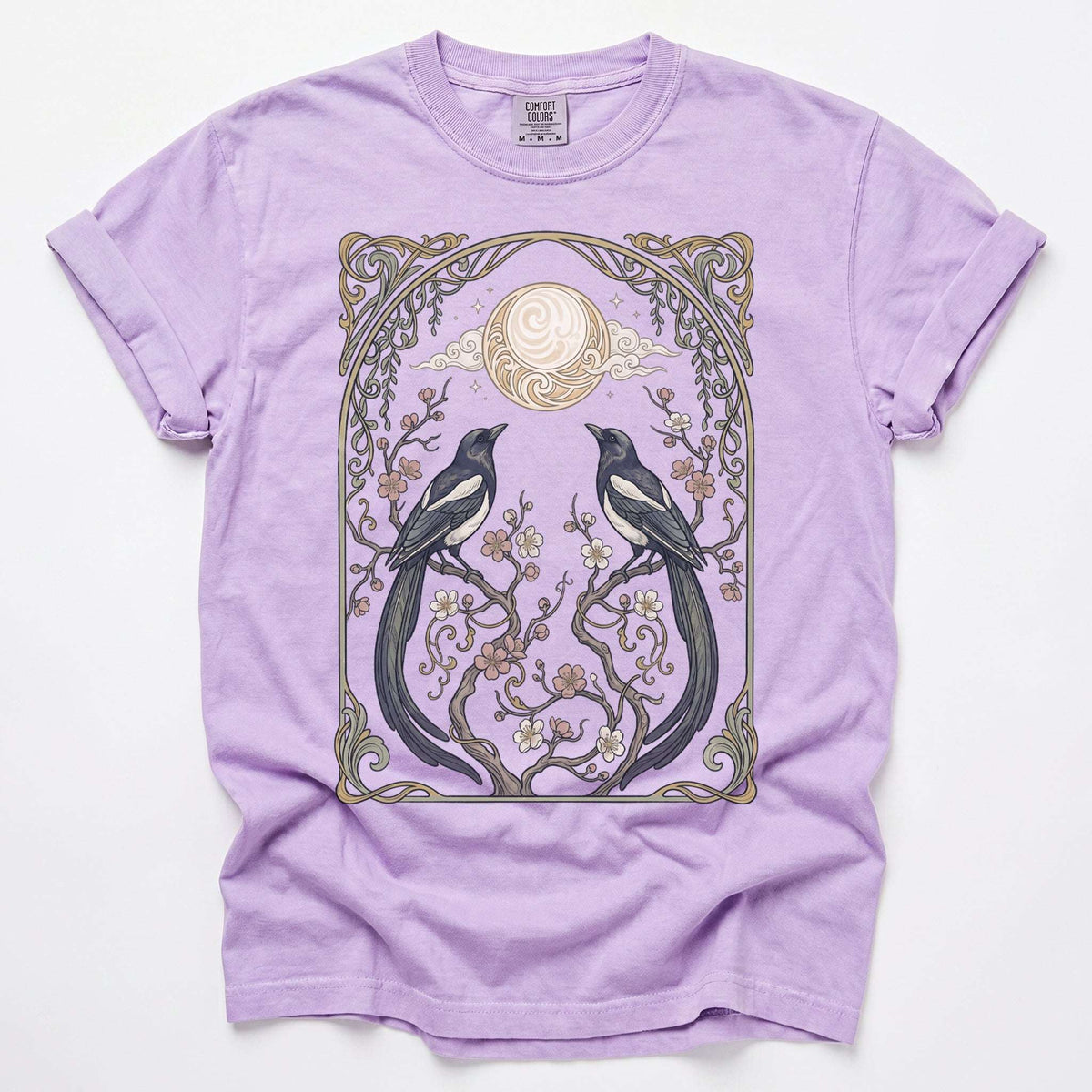 Art Nouveau Magpies And Blossom Moon Vintage Washed T-Shirt