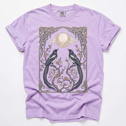 Art Nouveau Magpies And Blossom Moon Vintage Washed T-Shirt