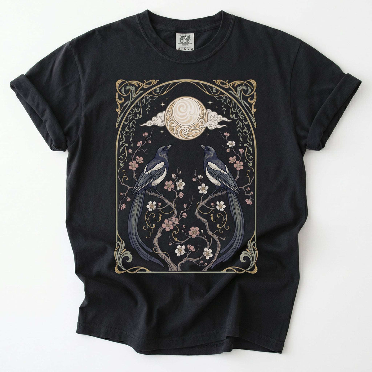 Art Nouveau Magpies And Blossom Moon Vintage Washed T-Shirt