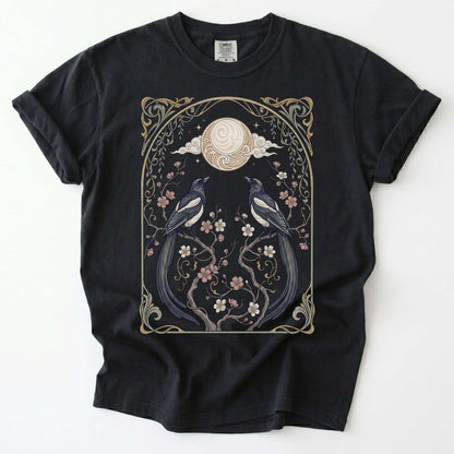 Art Nouveau Magpies And Blossom Moon Vintage Washed T-Shirt